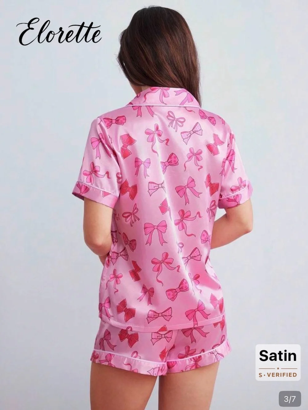 Pink Satin Short Pajama Set with Bow Print. Size M